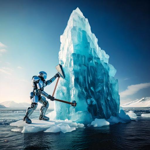 AI prompt: Firefly a robot with a hammer building an enormous iceberg as tall as an skyscraper.jpg